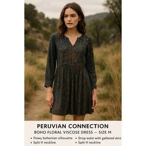 Peruvian Connection Saffron and Teal Boho Floral Viscose Dress — Size M